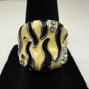 Bold Yellow Black Zebra Stripe Enamel Clear Rhinestone Statement Ring Sz 6
